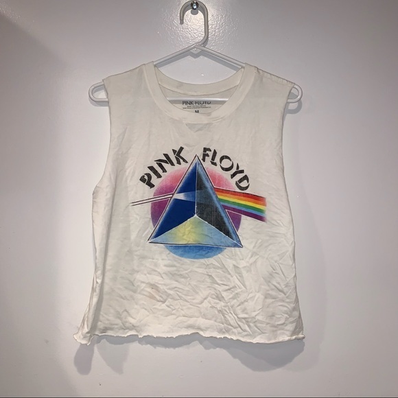 Pink Floyd Rainbow Prism Retro Crewneck Cutoff Sleeves Top - Picture 2 of 5